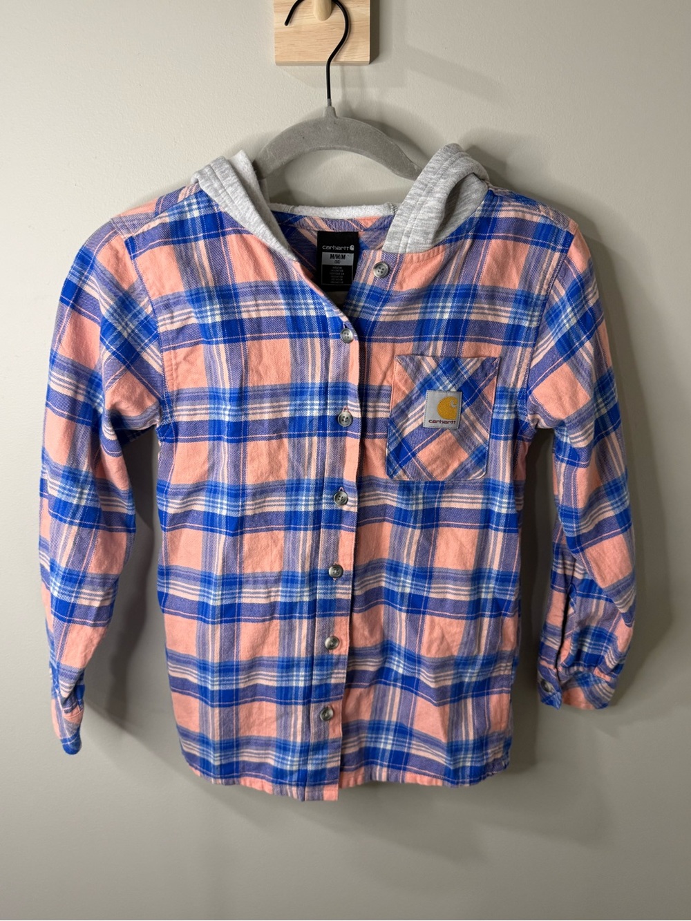 Carhartt Peach and Blue Plaid Hooded Flannel Girls Size M